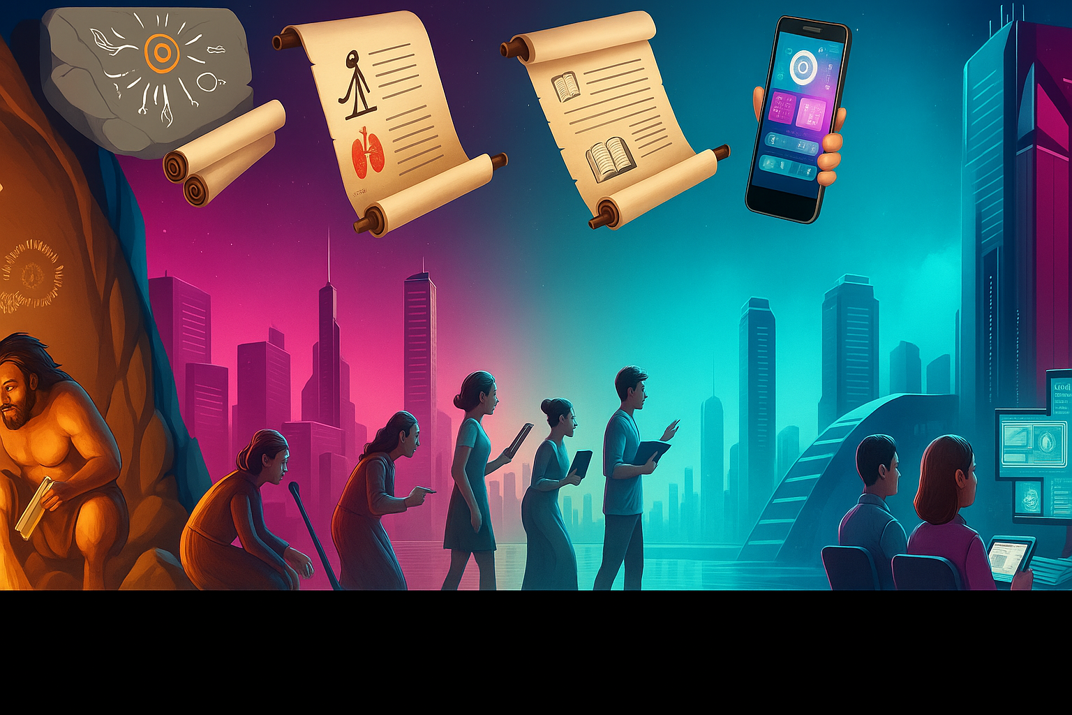 Ilustración de la evolución del conocimiento humano desde la prehistoria hasta la inteligencia artificial, visión educativa de FlexFlix.