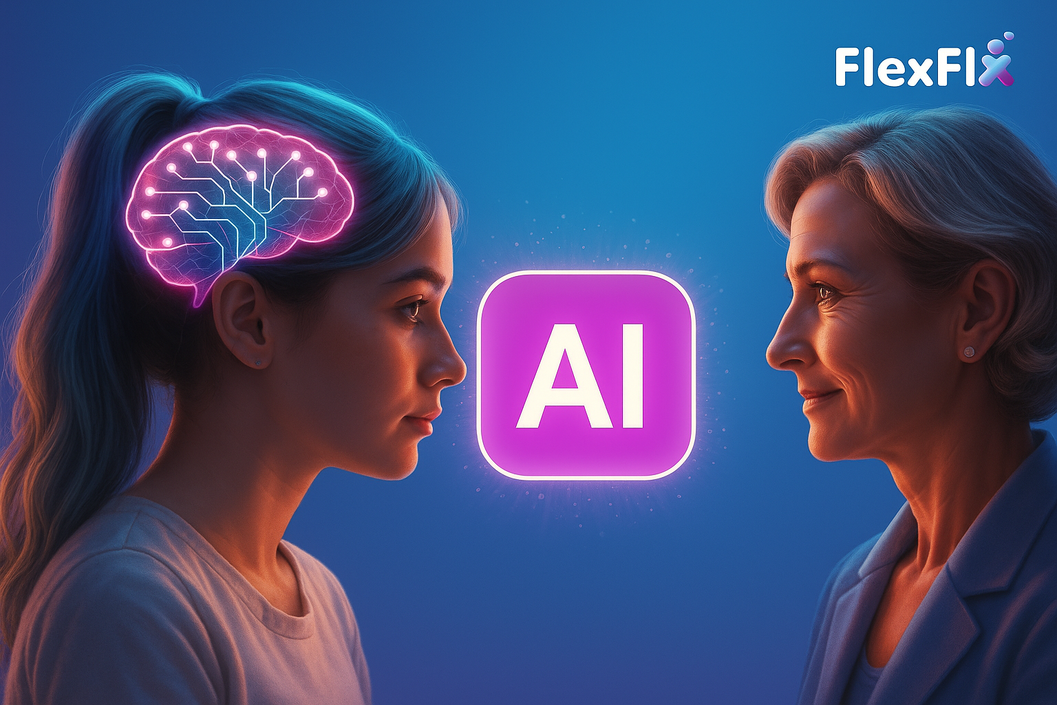 Ilustración educativa de FlexFlix que representa la integración de la inteligencia artificial en el aula, con una docente y una alumna en diálogo pedagógico, destacando el rol humano en la revolución educativa digital.