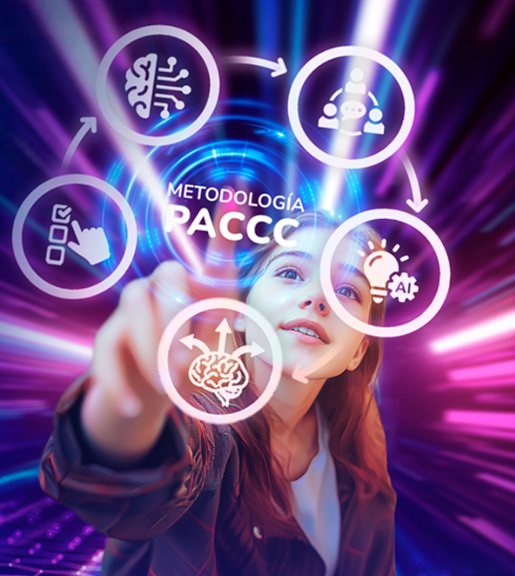 Mujer joven interactuando con visualización digital de El Método PACCC de FlexFlix, educación potenciada por inteligencia aumentada.